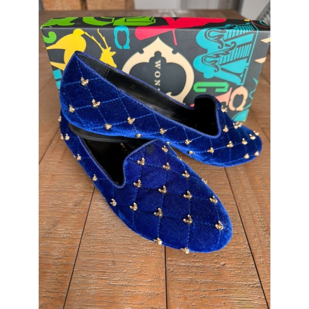 Rare C Wonder Blue Velvet French Bulldog Flat Loafer Shoe Size 8.5